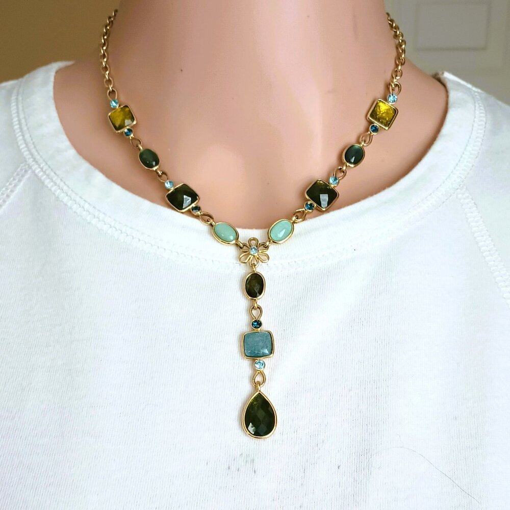 Women's Tear Drop Lariat Necklace 18" Gold Tone Multicolor Retro Fall Jewelry